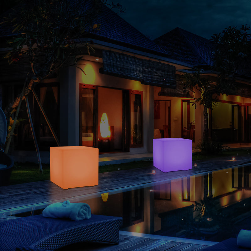 Outdoor LED Cube Stool Seat, Mains Powered Garden Floor Lamp, Multi Colour, 400 x 400 mm