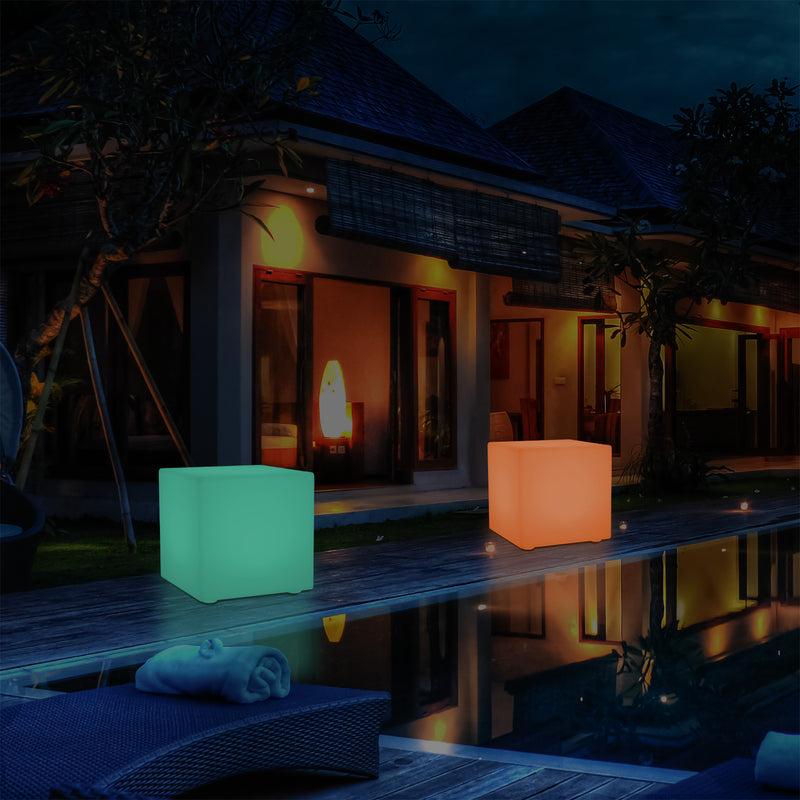 50cm External Garden LED Cube Seat Stool Light, 500mm Mains Operated 5V Patio Floor Lamp