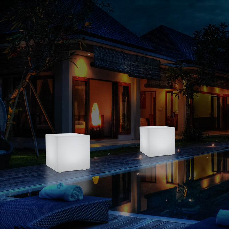 Outdoor LED Cube Stool Seat, Mains Powered Garden Floor Lamp, Multi Colour, 400 x 400 mm