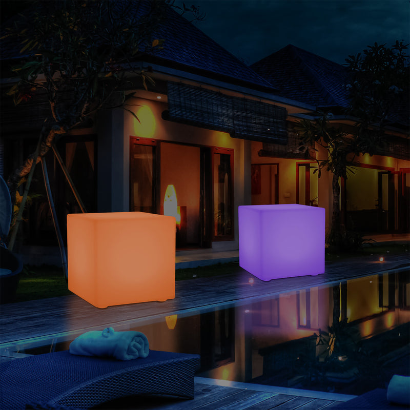 Mains Powered Garden Outdoor 60cm Cube, Illuminated Stool Seat Table Furniture, RGB