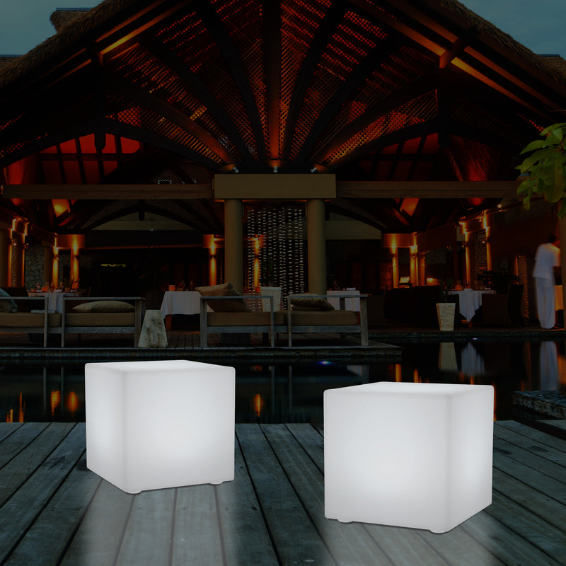 Mains Powered Garden Outdoor 60cm Cube, Illuminated Stool Seat Table Furniture, RGB