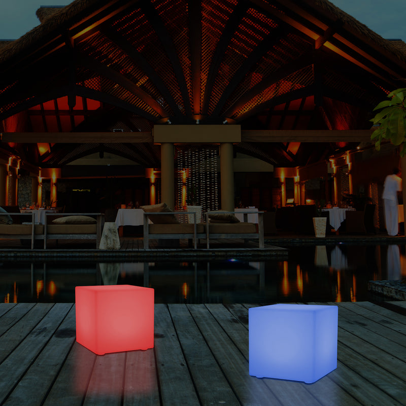 Outdoor LED Cube Stool Seat, Mains Powered Garden Floor Lamp, Multi Colour, 400 x 400 mm