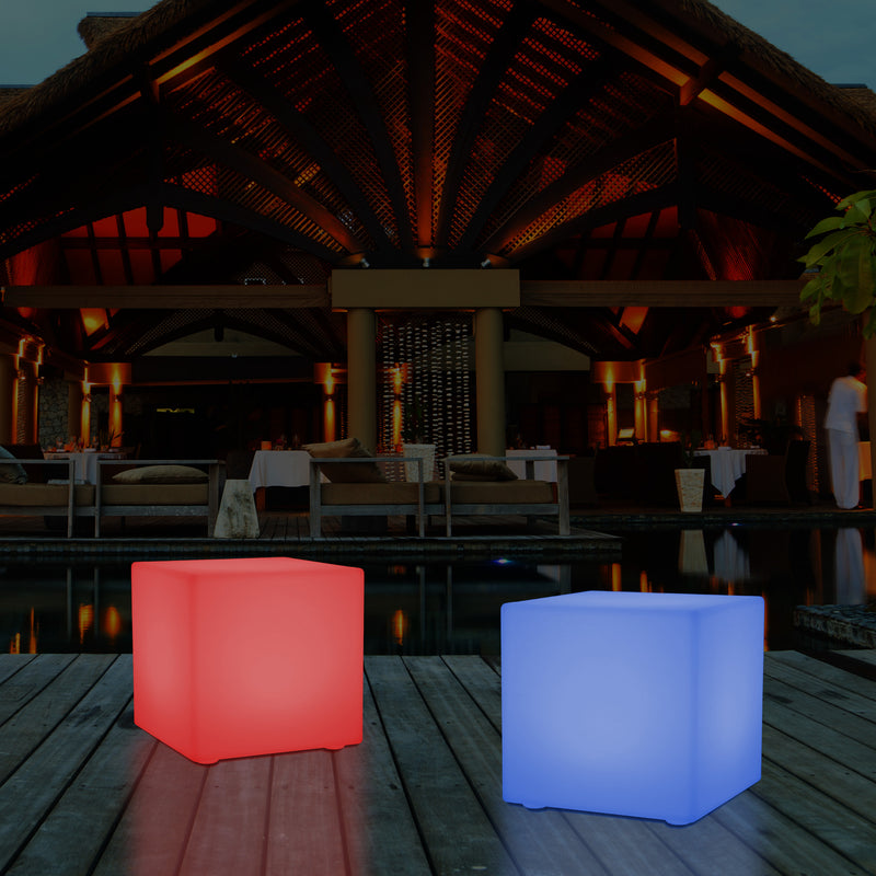 Mains Powered Garden Outdoor 60cm Cube, Illuminated Stool Seat Table Furniture, RGB