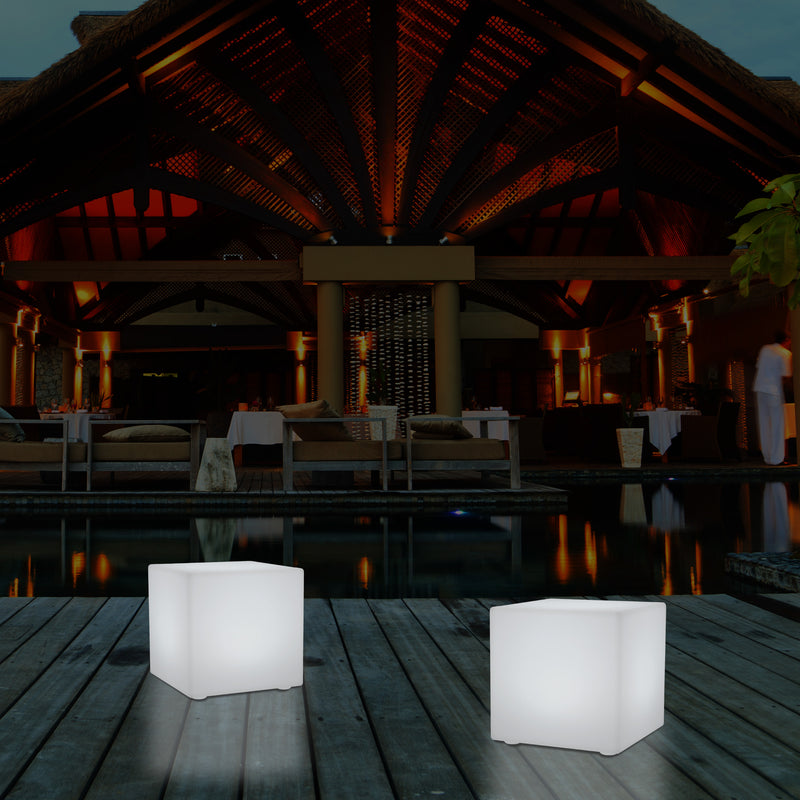 Outdoor LED Cube Stool Seat, Mains Powered Garden Floor Lamp, Multi Colour, 400 x 400 mm