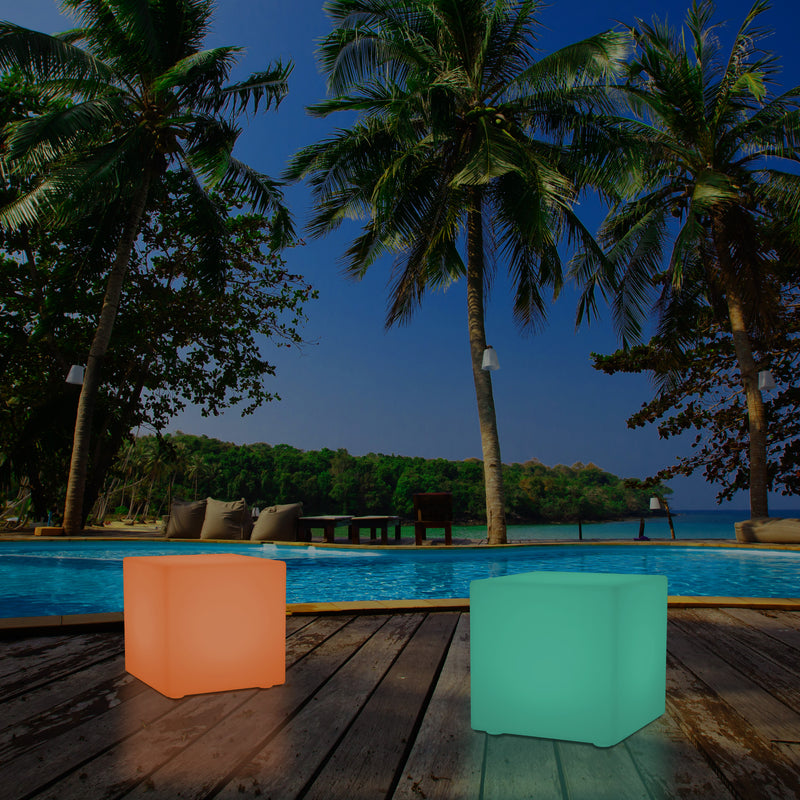 Outdoor LED Cube Stool Seat, Mains Powered Garden Floor Lamp, Multi Colour, 400 x 400 mm