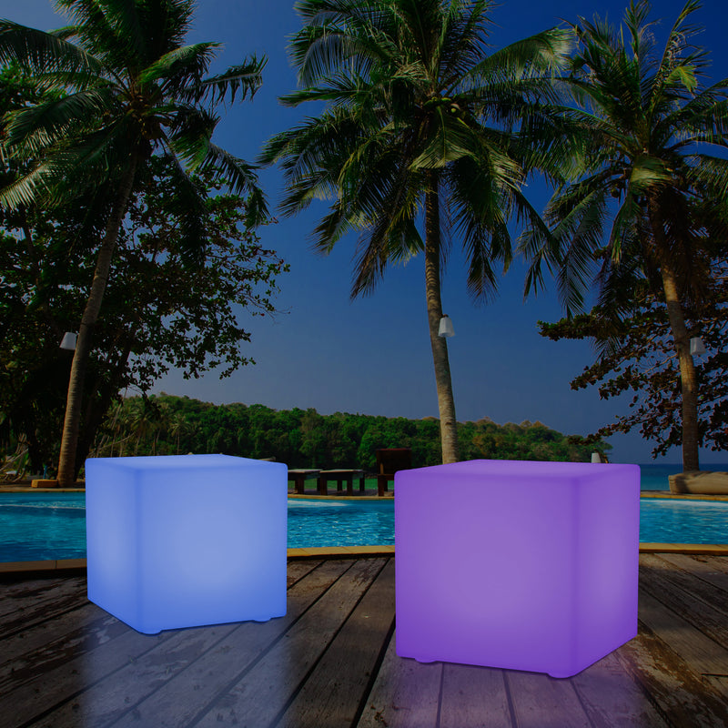 Mains Powered Garden Outdoor 60cm Cube, Illuminated Stool Seat Table Furniture, RGB