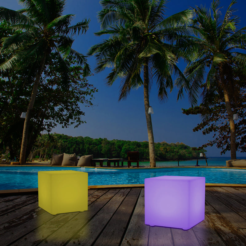 Outdoor Mains Operated Garden Light, 30cm Colour Changing LED Cube Balcony Terrace Lamp
