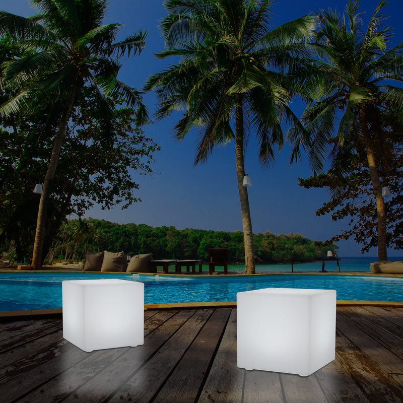 Outdoor LED Cube Stool Seat, Mains Powered Garden Floor Lamp, Multi Colour, 400 x 400 mm
