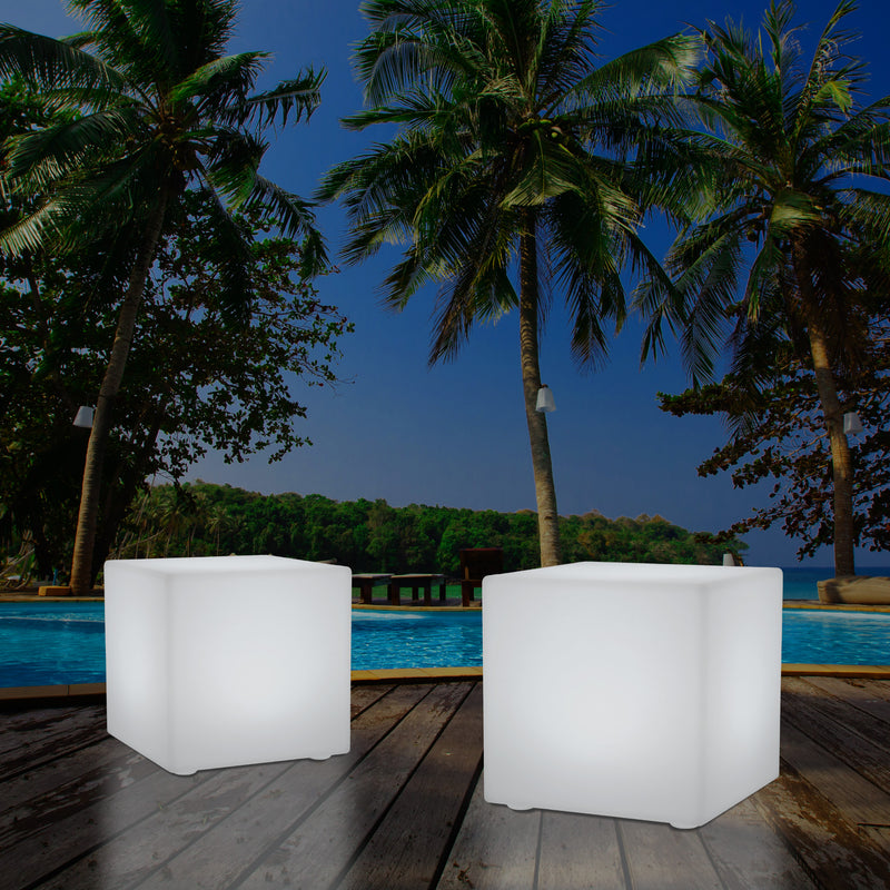 Mains Powered Garden Outdoor 60cm Cube, Illuminated Stool Seat Table Furniture, RGB