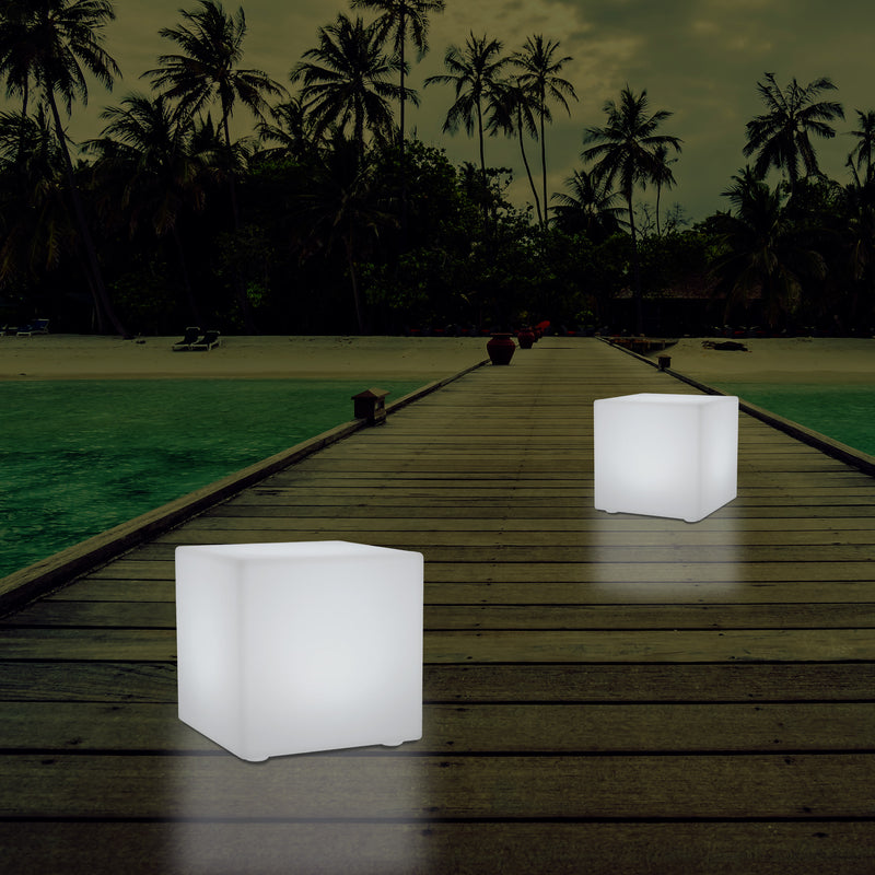 Outdoor LED Cube Stool Seat, Mains Powered Garden Floor Lamp, Multi Colour, 400 x 400 mm