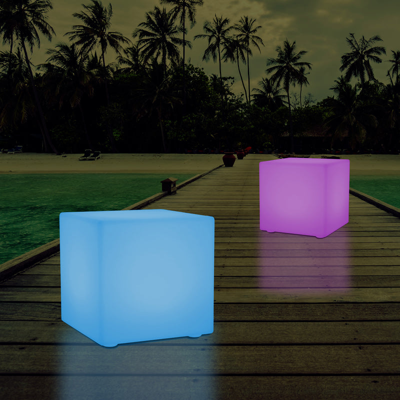 Mains Powered Garden Outdoor 60cm Cube, Illuminated Stool Seat Table Furniture, RGB