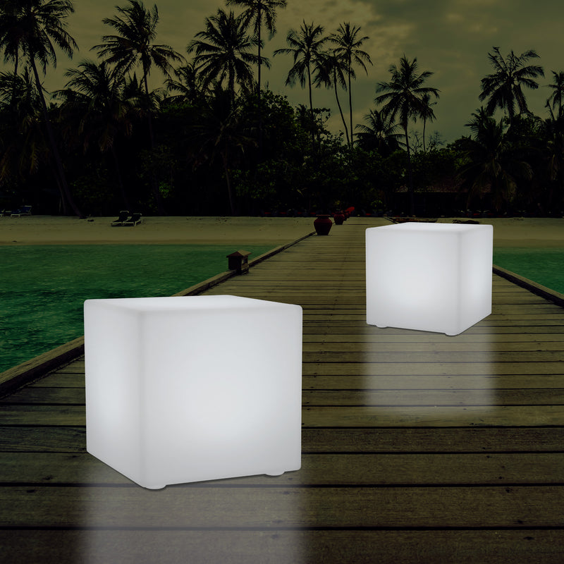 Mains Powered Garden Outdoor 60cm Cube, Illuminated Stool Seat Table Furniture, RGB