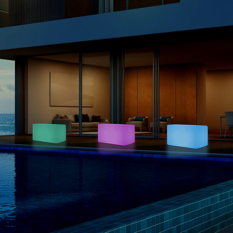 External Garden Patio Bench Light, Illuminated LED Stool Seating, Mains Powered, 55x35 cm