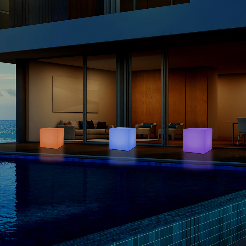 Outdoor LED Cube Stool Seat, Mains Powered Garden Floor Lamp, Multi Colour, 400 x 400 mm
