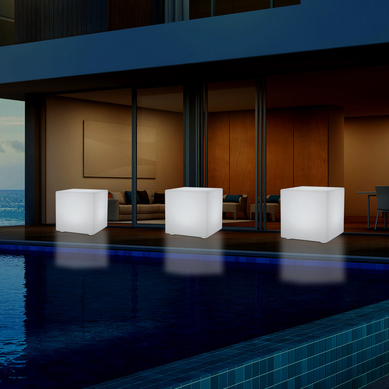 Mains Powered Garden Outdoor 60cm Cube, Illuminated Stool Seat Table Furniture, RGB