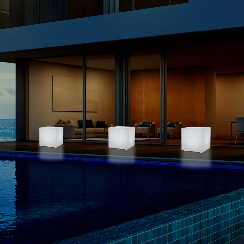 Outdoor LED Cube Stool Seat, Mains Powered Garden Floor Lamp, Multi Colour, 400 x 400 mm