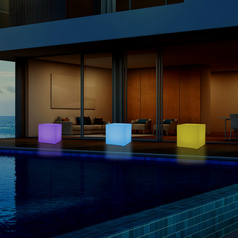 50cm External Garden LED Cube Seat Stool Light, 500mm Mains Operated 5V Patio Floor Lamp
