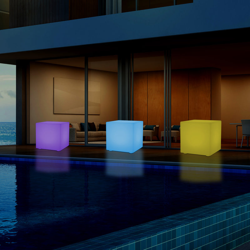 Mains Powered Garden Outdoor 60cm Cube, Illuminated Stool Seat Table Furniture, RGB