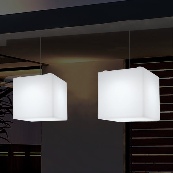 Outdoor Veranda Hanging Light, Mains Powered LED Ceiling Lamp, 30cm Cube, Colour Changing