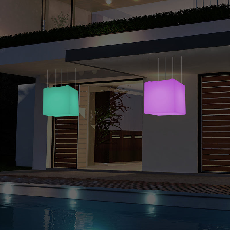 Outdoor Balcony LED Pendant Lamp, Mains Powered 40cm Cube Suspension Lamp, Multicolour
