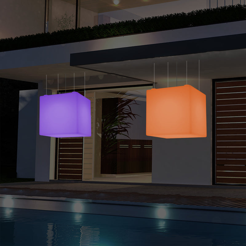 External Garden Suspension Light, Mains Powered LED Ceiling Lamp, 60cm Cube, Multi Colour
