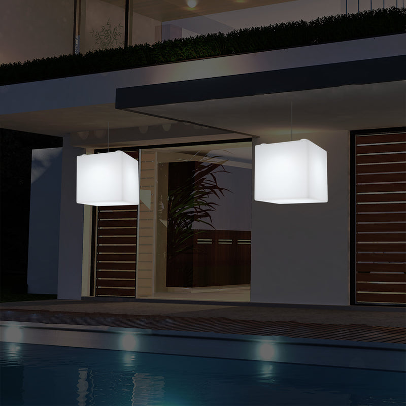 Outdoor Veranda Hanging Light, Mains Powered LED Ceiling Lamp, 30cm Cube, Colour Changing