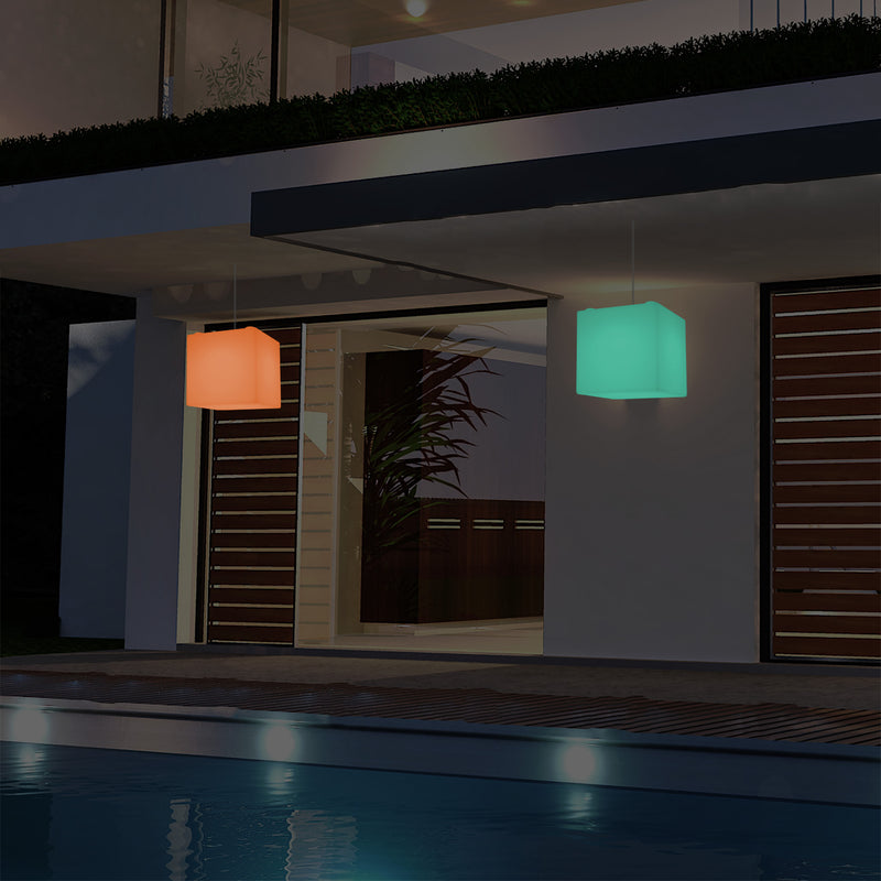 Outdoor Garden LED Hanging Lamp, Mains Powered 15cm Cube Suspension Lamp, Multi Colour