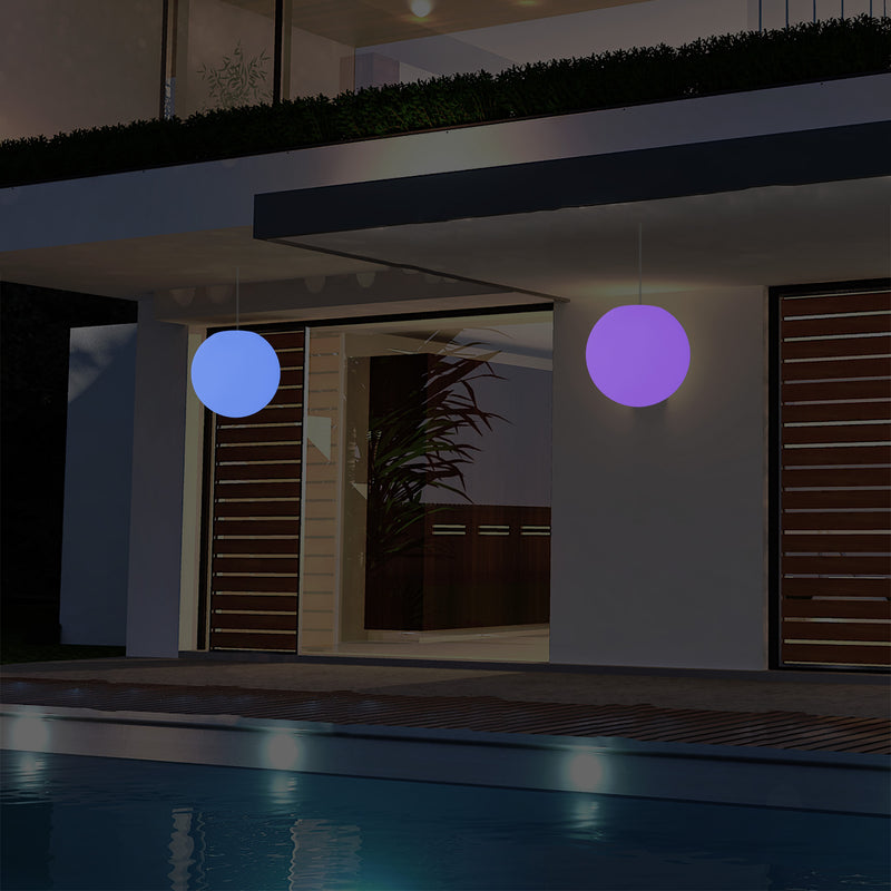 Mains Operated Outdoor Veranda Ceiling Light, 25cm LED Globe Hanging Lamp, Colour Changing