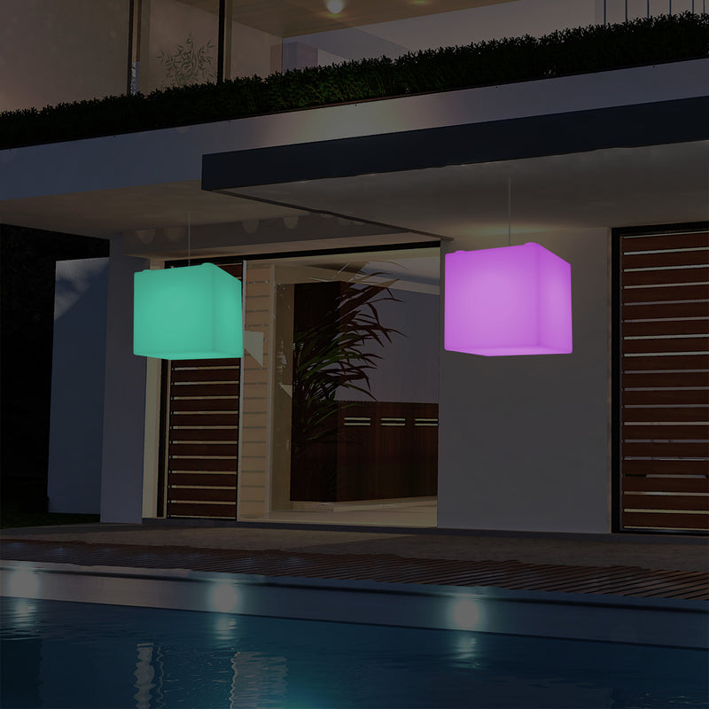 Outdoor Veranda Hanging Light, Mains Powered LED Ceiling Lamp, 30cm Cube, Colour Changing