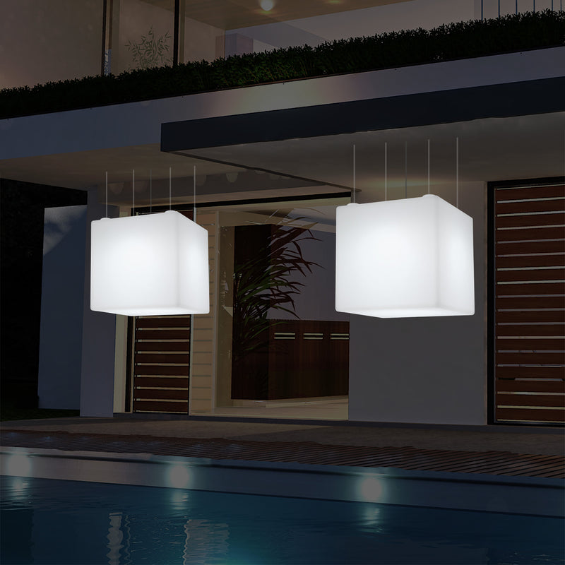 External Garden Suspension Light, Mains Powered LED Ceiling Lamp, 60cm Cube, Multi Colour