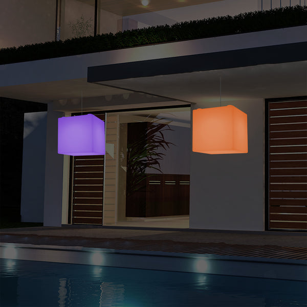Outdoor Veranda Hanging Light, Mains Powered LED Ceiling Lamp, 30cm Cube, Colour Changing