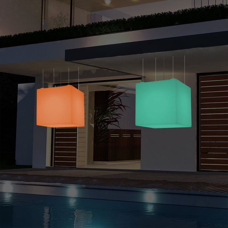 External Garden Suspension Light, Mains Powered LED Ceiling Lamp, 60cm Cube, Multi Colour