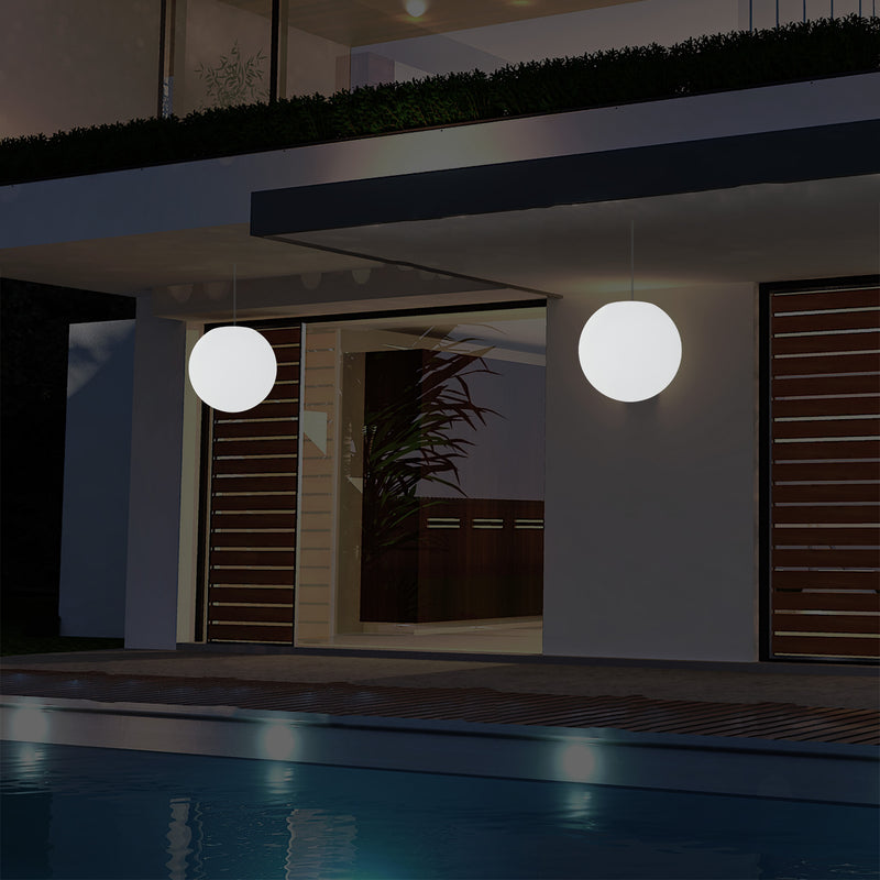 Mains Operated Outdoor Veranda Ceiling Light, 25cm LED Globe Hanging Lamp, Colour Changing