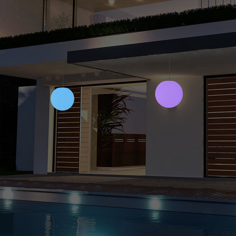 Mains Operated Outdoor Veranda Ceiling Light, 25cm LED Globe Hanging Lamp, Colour Changing