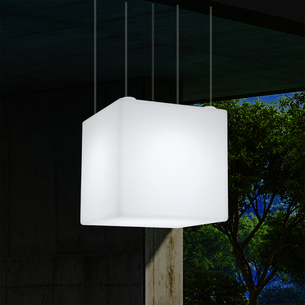 Outdoor Balcony LED Pendant Lamp, Mains Powered 40cm Cube Suspension Lamp, Multicolour