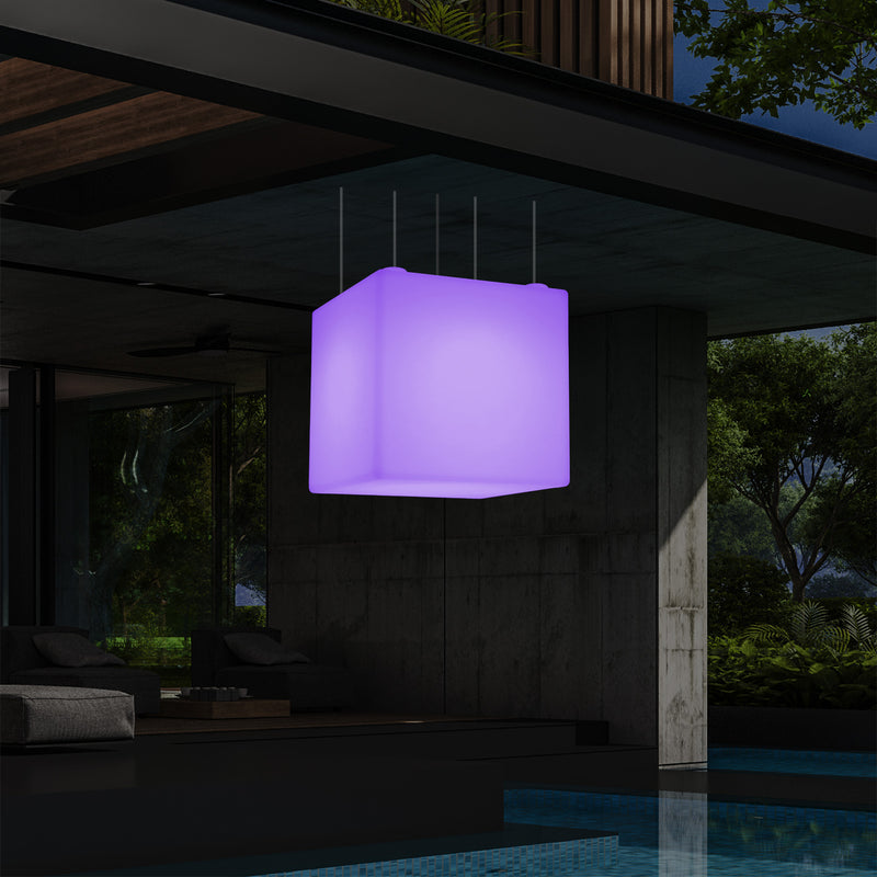 External Garden Suspension Light, Mains Powered LED Ceiling Lamp, 60cm Cube, Multi Colour