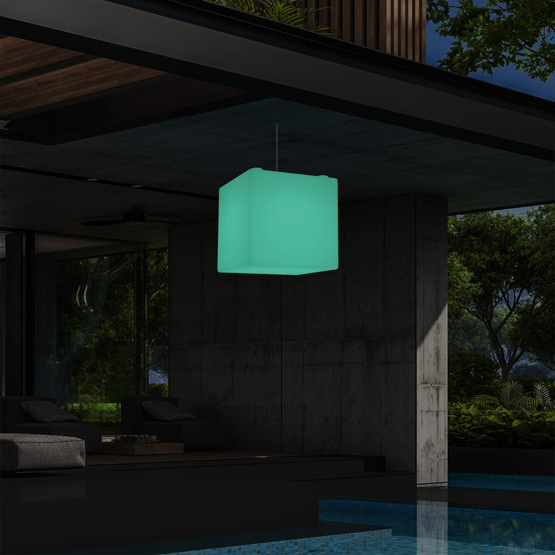 Outdoor Veranda Hanging Light, Mains Powered LED Ceiling Lamp, 30cm Cube, Colour Changing