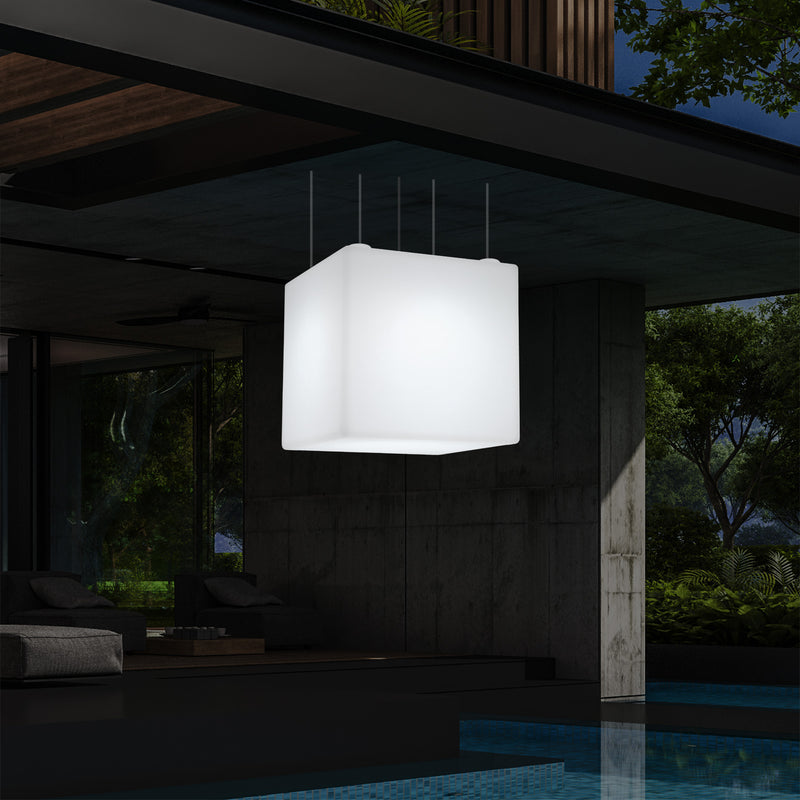 External Garden Suspension Light, Mains Powered LED Ceiling Lamp, 60cm Cube, Multi Colour