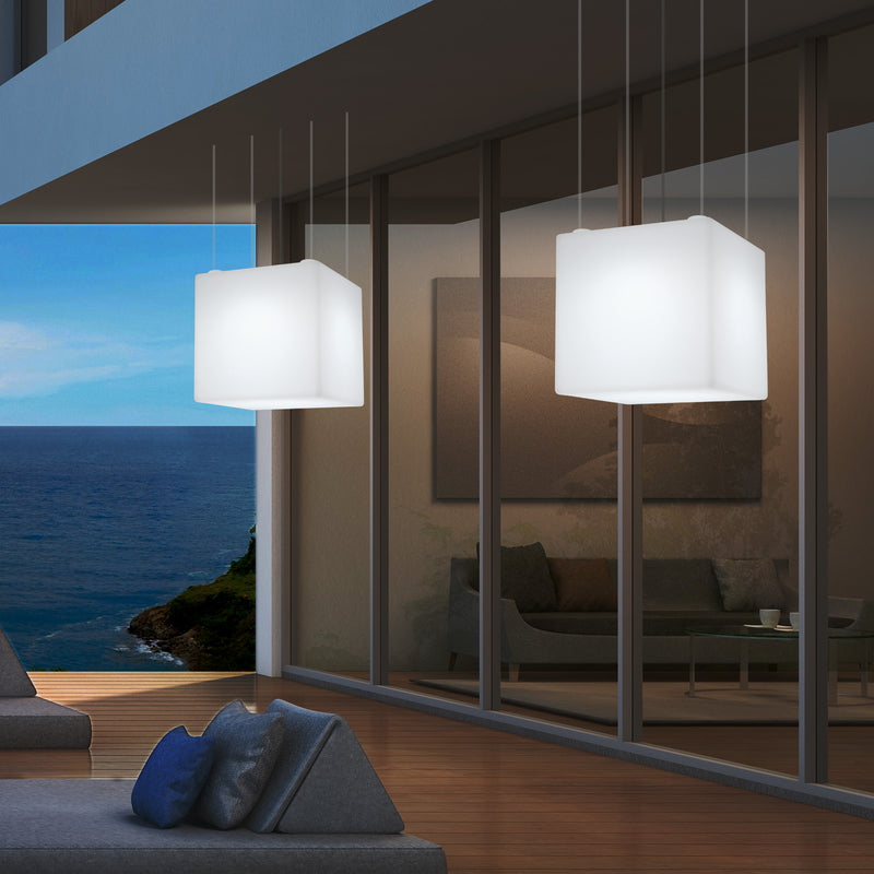 Outdoor Balcony LED Pendant Lamp, Mains Powered 40cm Cube Suspension Lamp, Multicolour