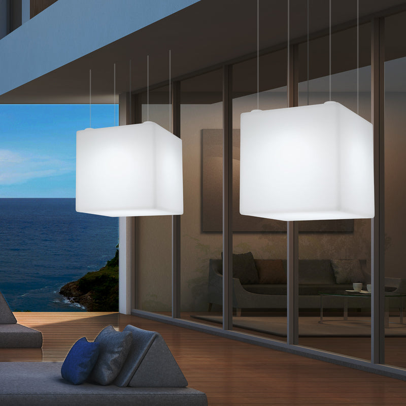 External Garden Suspension Light, Mains Powered LED Ceiling Lamp, 60cm Cube, Multi Colour
