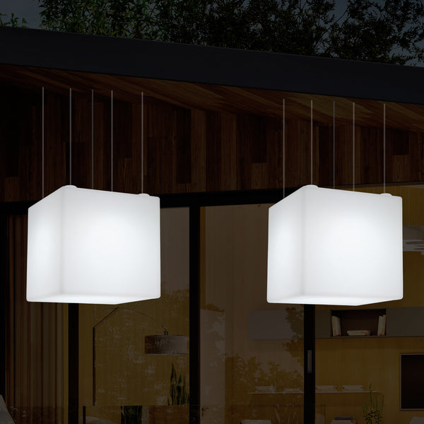 External Garden Suspension Light, Mains Powered LED Ceiling Lamp, 60cm Cube, Multi Colour