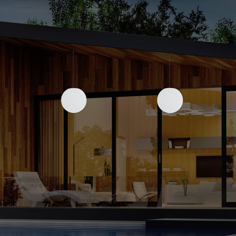 Mains Operated Outdoor Veranda Ceiling Light, 25cm LED Globe Hanging Lamp, Colour Changing