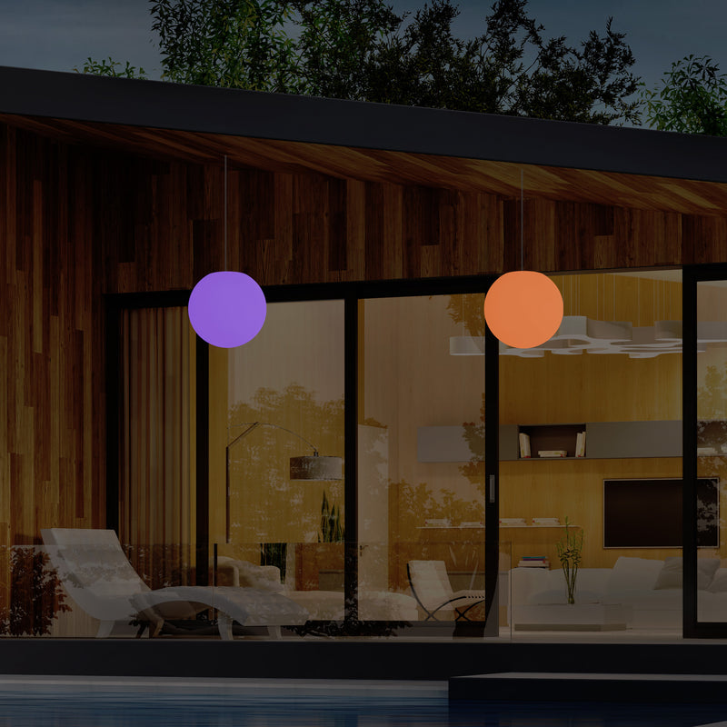 Mains Operated Outdoor Veranda Ceiling Light, 25cm LED Globe Hanging Lamp, Colour Changing