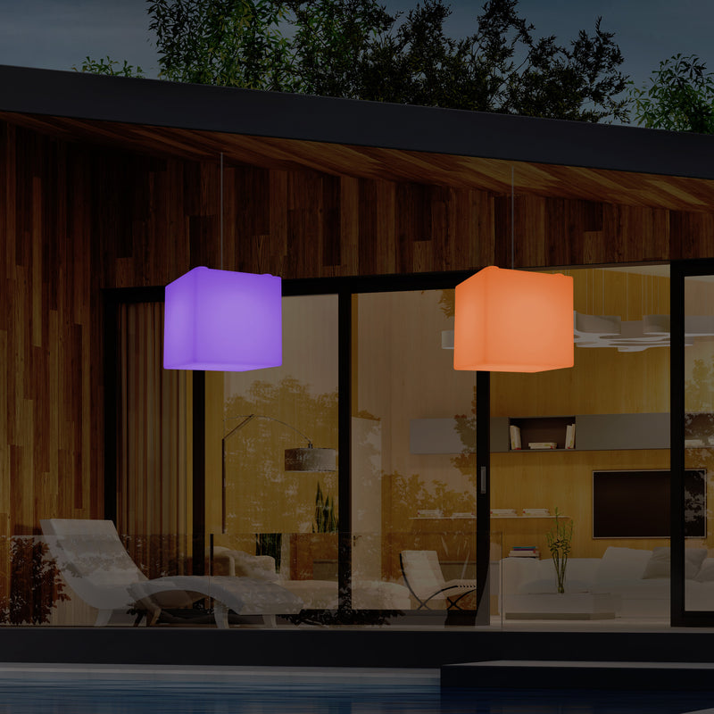 Outdoor Veranda Hanging Light, Mains Powered LED Ceiling Lamp, 30cm Cube, Colour Changing