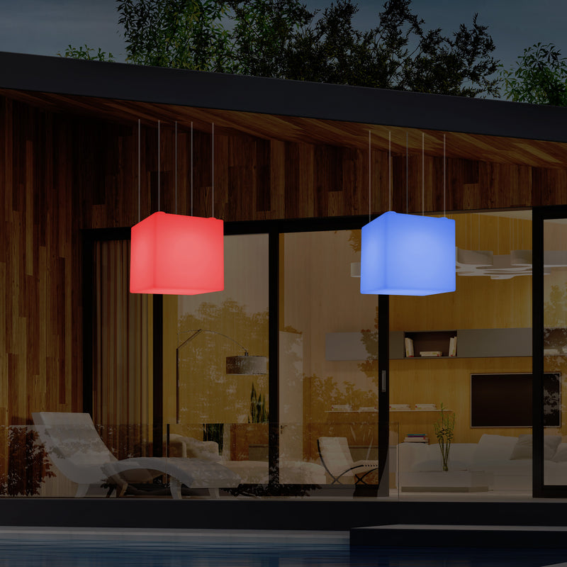 Outdoor Balcony LED Pendant Lamp, Mains Powered 40cm Cube Suspension Lamp, Multicolour