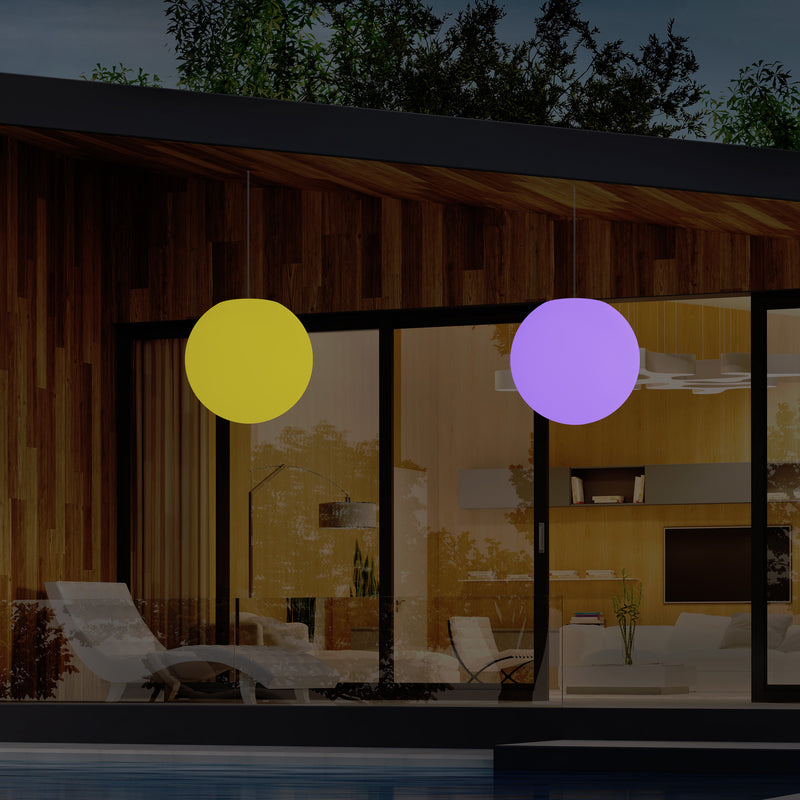 External Balcony Suspension Light, Mains Powered LED Ceiling Lamp, 30cm Orb, Multicolour