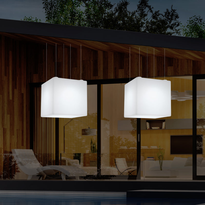 External Garden Suspension Light, Mains Powered LED Ceiling Lamp, 60cm Cube, Multi Colour
