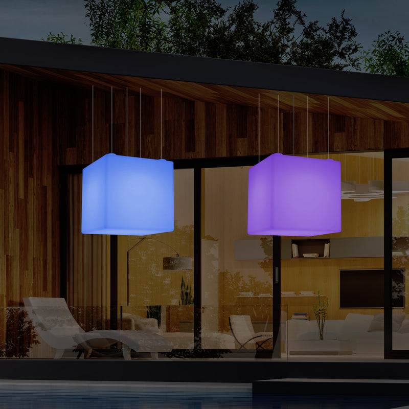 External Garden Suspension Light, Mains Powered LED Ceiling Lamp, 60cm Cube, Multi Colour