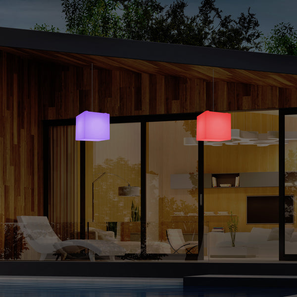 Outdoor Garden LED Hanging Lamp, Mains Powered 15cm Cube Suspension Lamp, Multi Colour