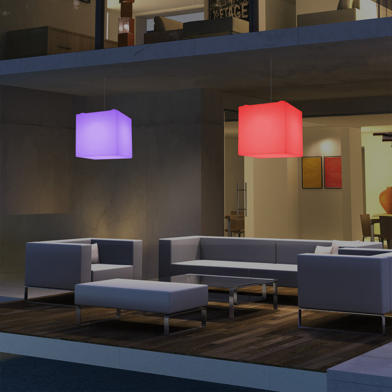 Outdoor Veranda Hanging Light, Mains Powered LED Ceiling Lamp, 30cm Cube, Colour Changing